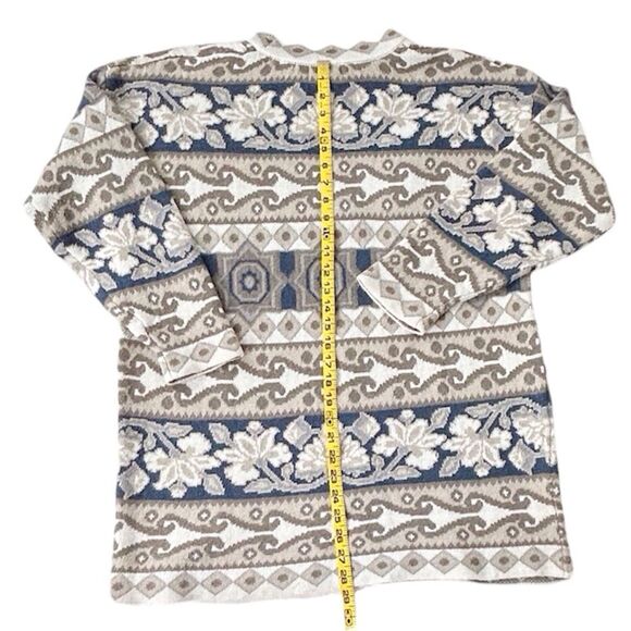 Express Vintage Women’s Oversized Long Sleeve Beige Teal Patterned Sweater Sz S - Picture 6 of 10